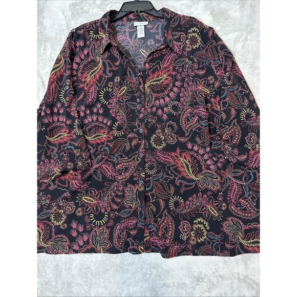Women’s Catherines Button Up Paisley 3/4 Roll Tab Sleeves Multicolored plus 3X - Picture 10 of 13